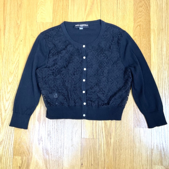 Karl Lagerfeld Cardigan Sweater Lace Front Pearl Buttons Black (L) - Picture 4 of 8